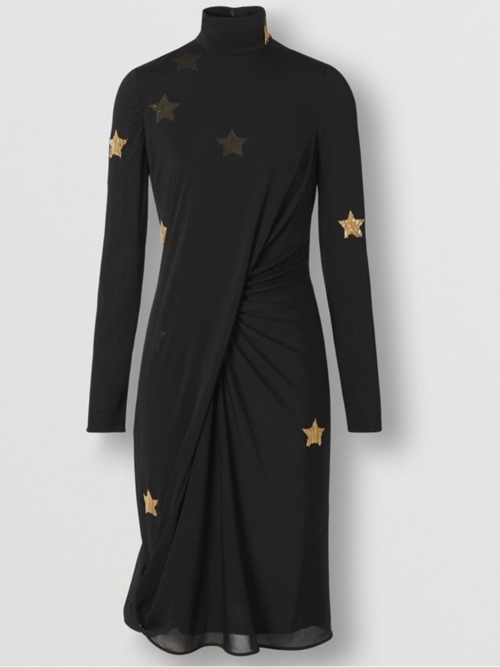 Burberry Black Long-Sleeve Turtleneck Dress with Gold Star Accents